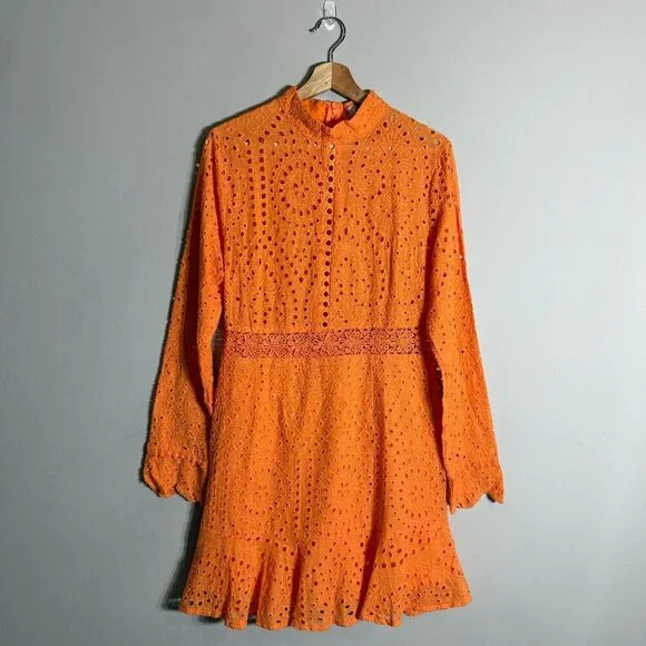 Lioness Eyelet Cutout High Neck Mini Dress Women's XL Orange Lace Party Cocktail - Picture 4 of 16